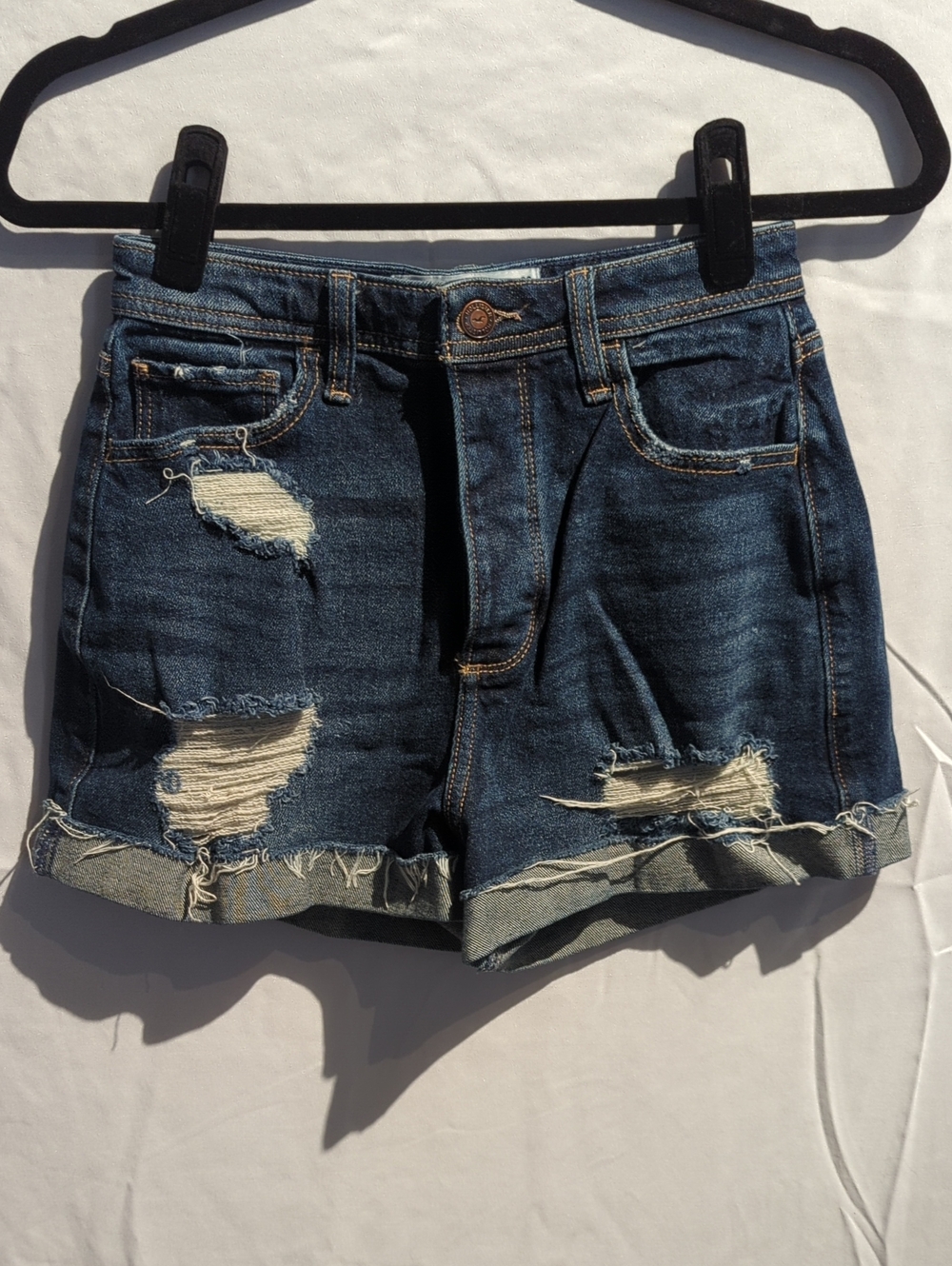Hollister Dark Blue Distressed Rolled-Hem Jean Shorts